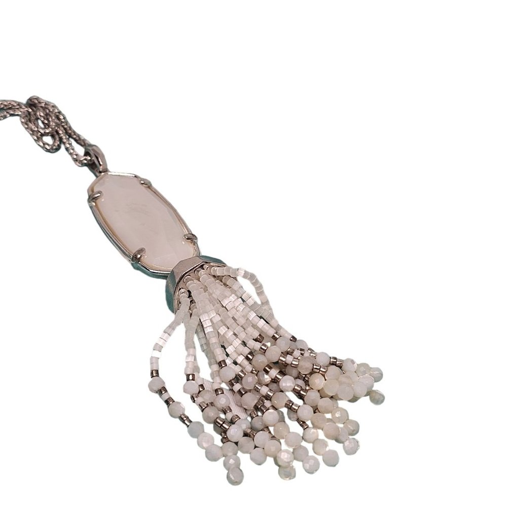 Kendra Scott Eva Necklace White Mother Of Pearl Long Tassel Pedant Beaded Silver - Picture 7 of 12